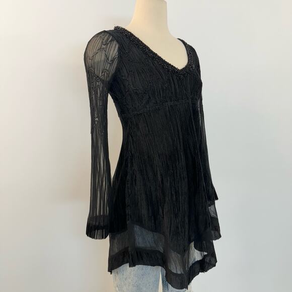 Komarov Beaded Neck Long-Sleeve Tunic Top Crinkled Sheer Fabric Black | Small - Picture 2 of 12